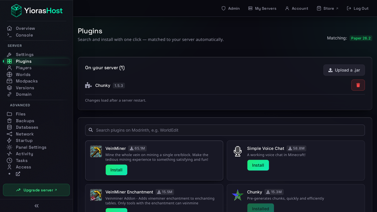 YiorasHost Plugins tab matching Paper 26.2, with Chunky 1.5.3 installed and Modrinth search results below